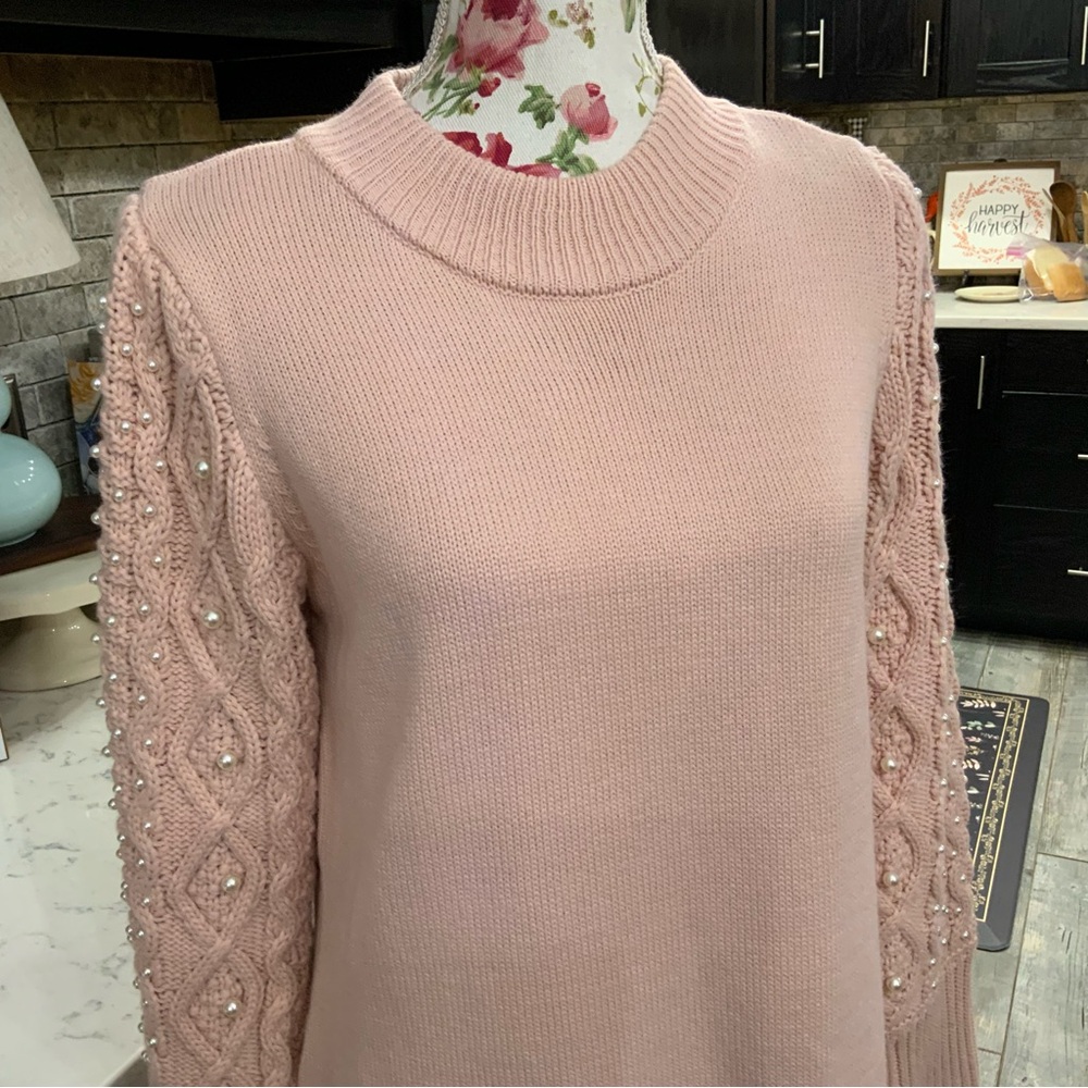 Eliza J Faux Pearl Knit Sweater Dress Size Large Blush Pink Classic Preppy New - Picture 2 of 11